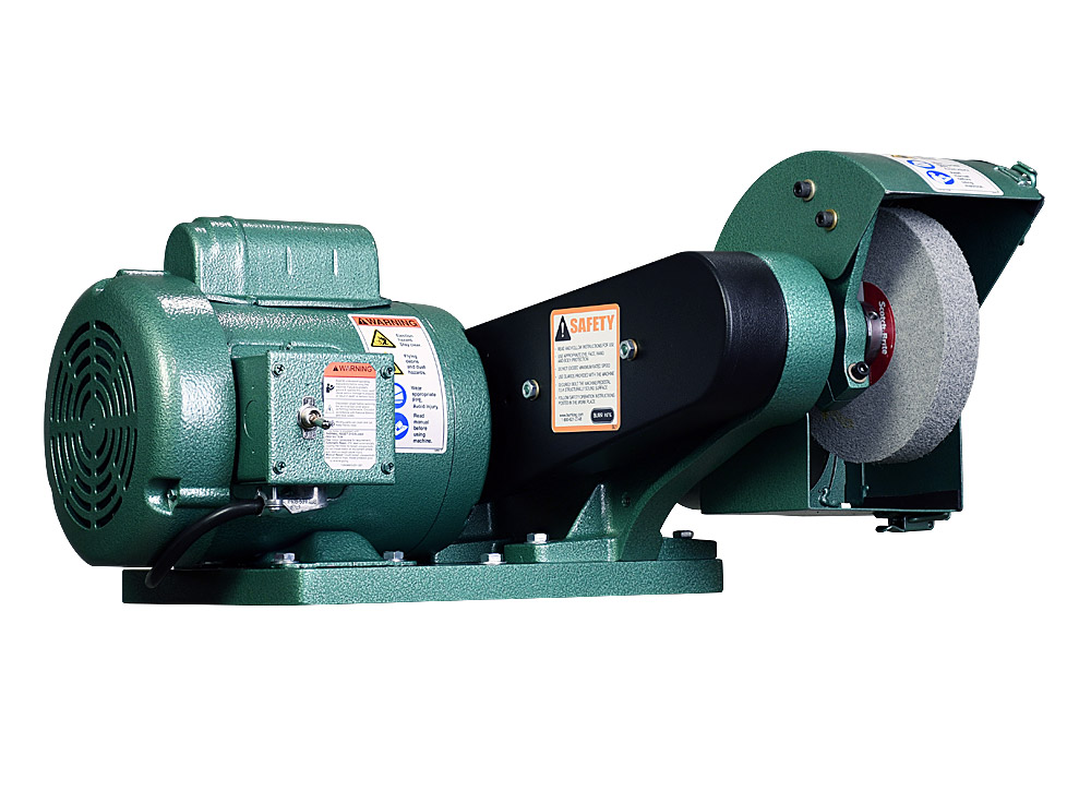 60100 - Model 600 polishing lathe / buffer shown with optional 1` wide Scotchbrite deburring wheel. and DS6 dust scoop. The M600 can run wheels upto 6` in diameter and 2` wide.